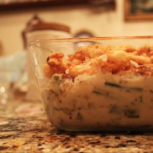 green beans and onions in casserole dish