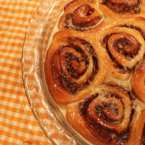 cinnamon rolls in baking dish