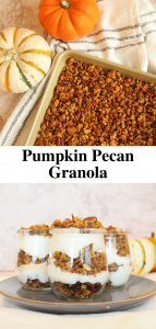 pumpkin granola on pan and in jar with yogurt